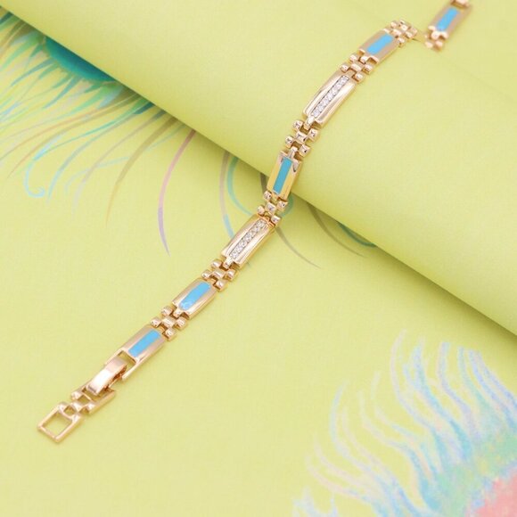 "Elegant Rose Gold Bracelet with Blue Enamel and CZ Accent Links, XPBL0738 - Picture 4 of 12